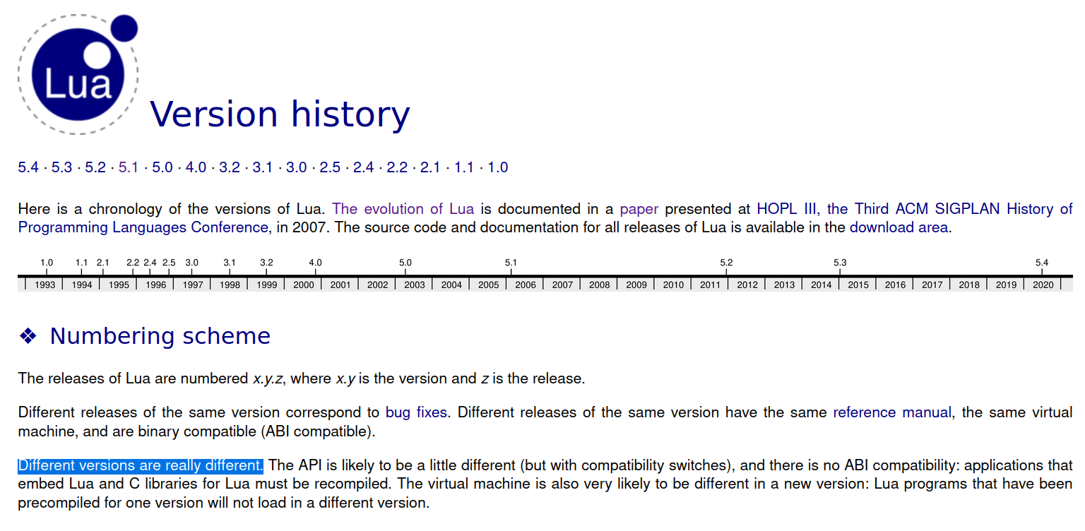 screenshot: lua.org versions page